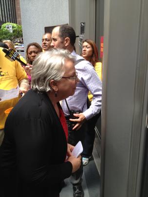Richmond Mayor Gayle McLaughlin found the doors locked at Wells Fargo's San Francisco headquarters Thursday. She was seeking a meeting with Wells CEO John Stumpf over the bank's lawsuit against the California city over its planned use of eminent domain to fight foreclosure blight.